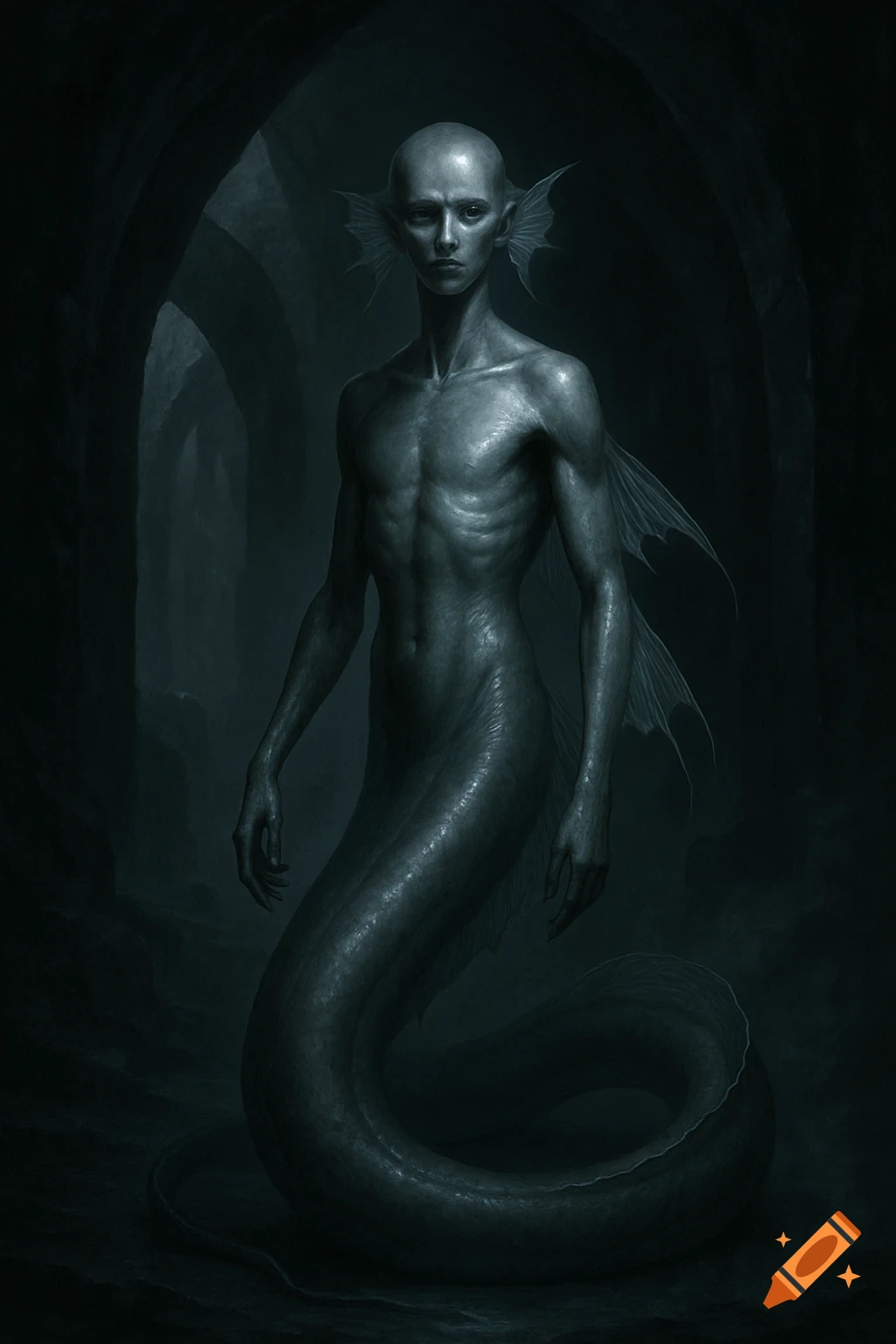 A dark, monochromatic depiction of a gaunt, bald, human-eel creature with fins for ears, standing in a dim, cavernous setting.