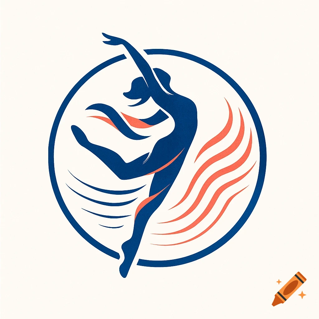 Stylized blue silhouette of a dancer inside a blue circle with orange wavy lines.