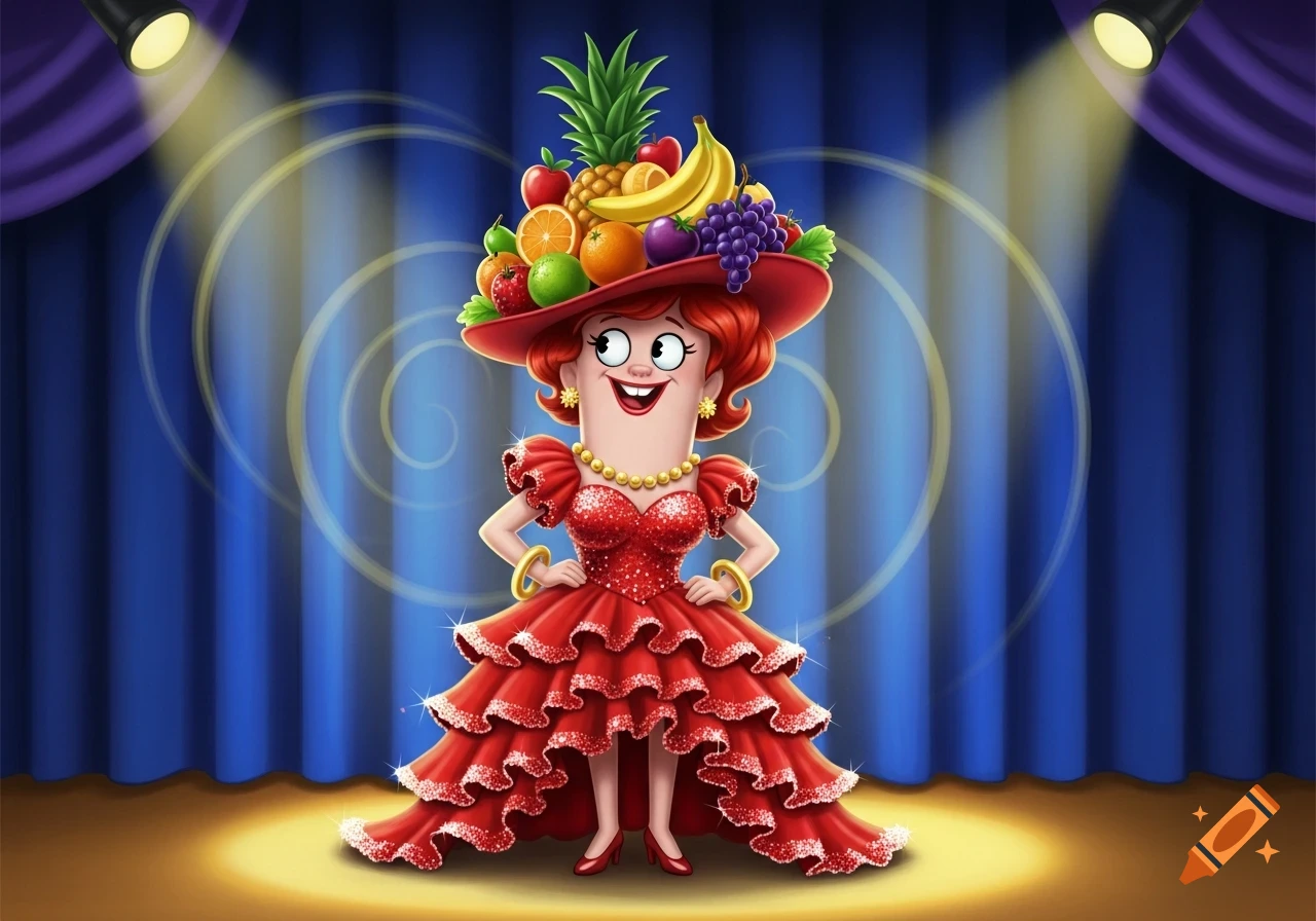 A smiling cartoon character with red hair, a large fruit hat, and a sparkling red ruffled dress stands on a spotlighted stage.