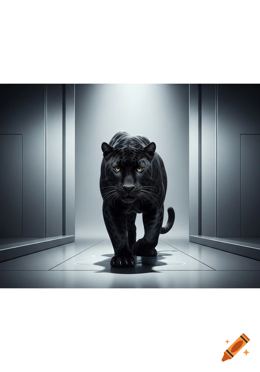 A majestic black panther with glowing yellow eyes walks directly towards the viewer in a minimalist, brightly lit futuristic hallway.