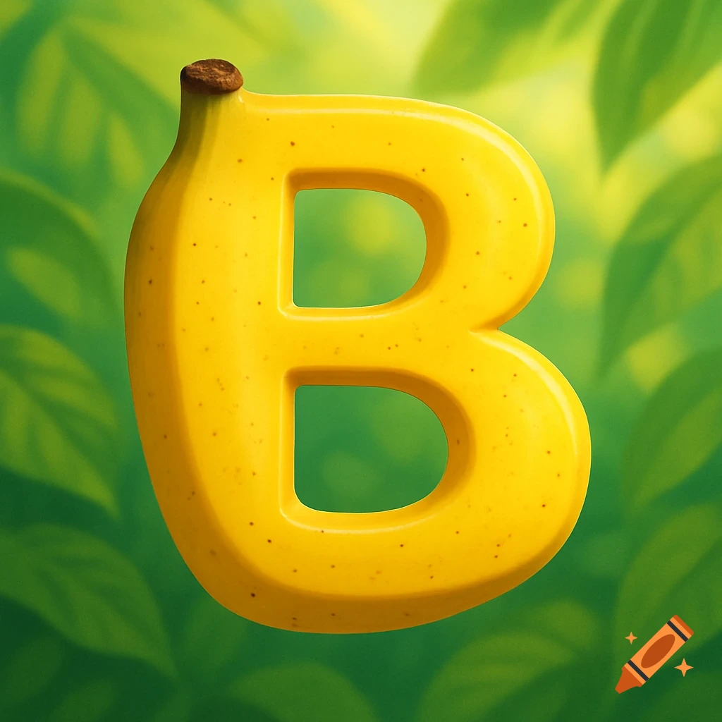 A vibrant yellow letter B shaped like a banana, with a brown stem, against a blurry green background with leaves.