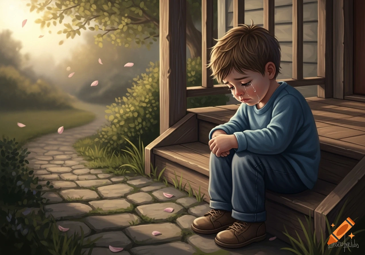 A sad young boy with brown hair sits on wooden porch steps, crying, with tears running down his face. A stone path and greenery are in the background under a hazy sky with falling pink petals, in an artistic style.