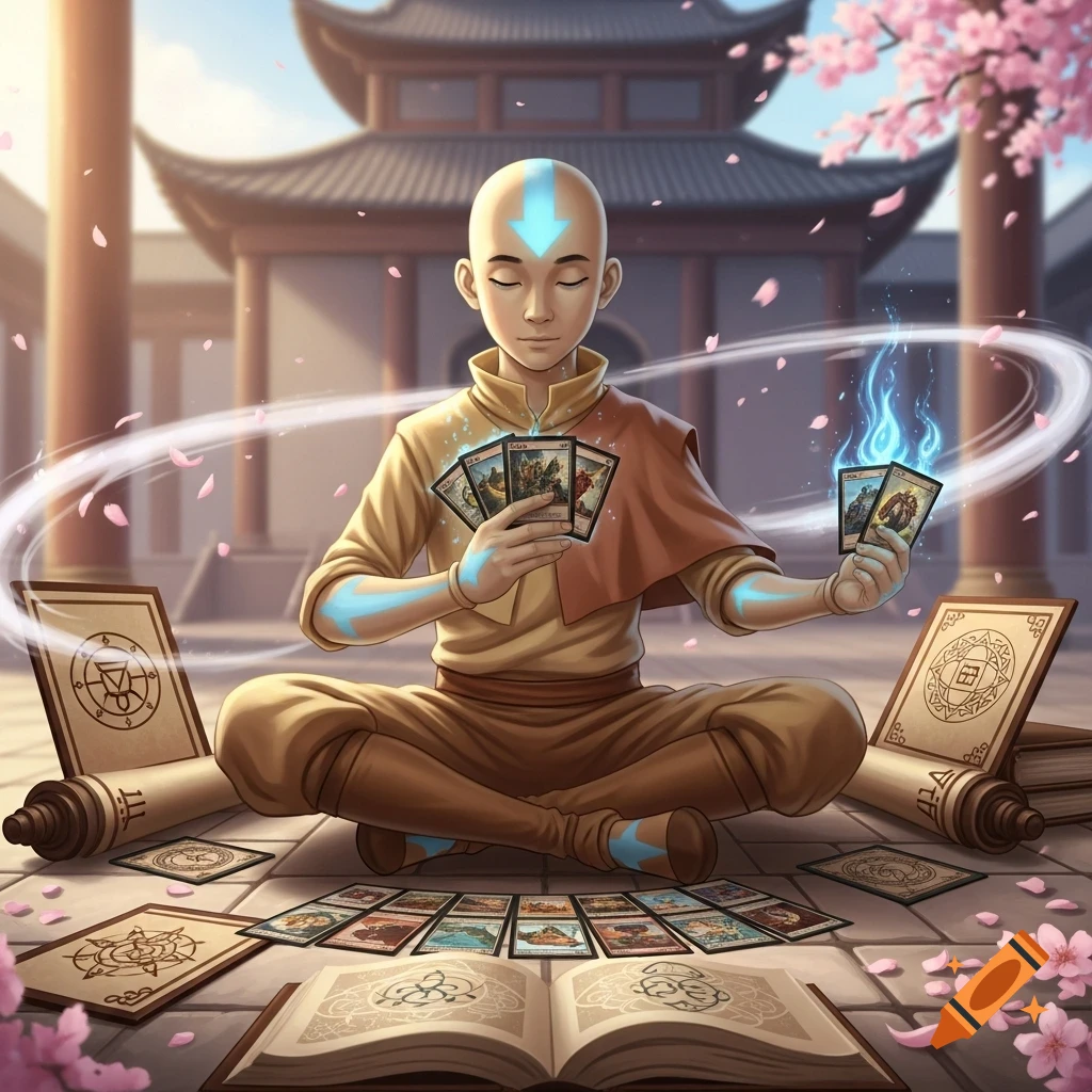 Aang from Avatar: The Last Airbender meditating and playing a card game on the floor of an Asian temple, surrounded by scrolls and cherry blossoms.