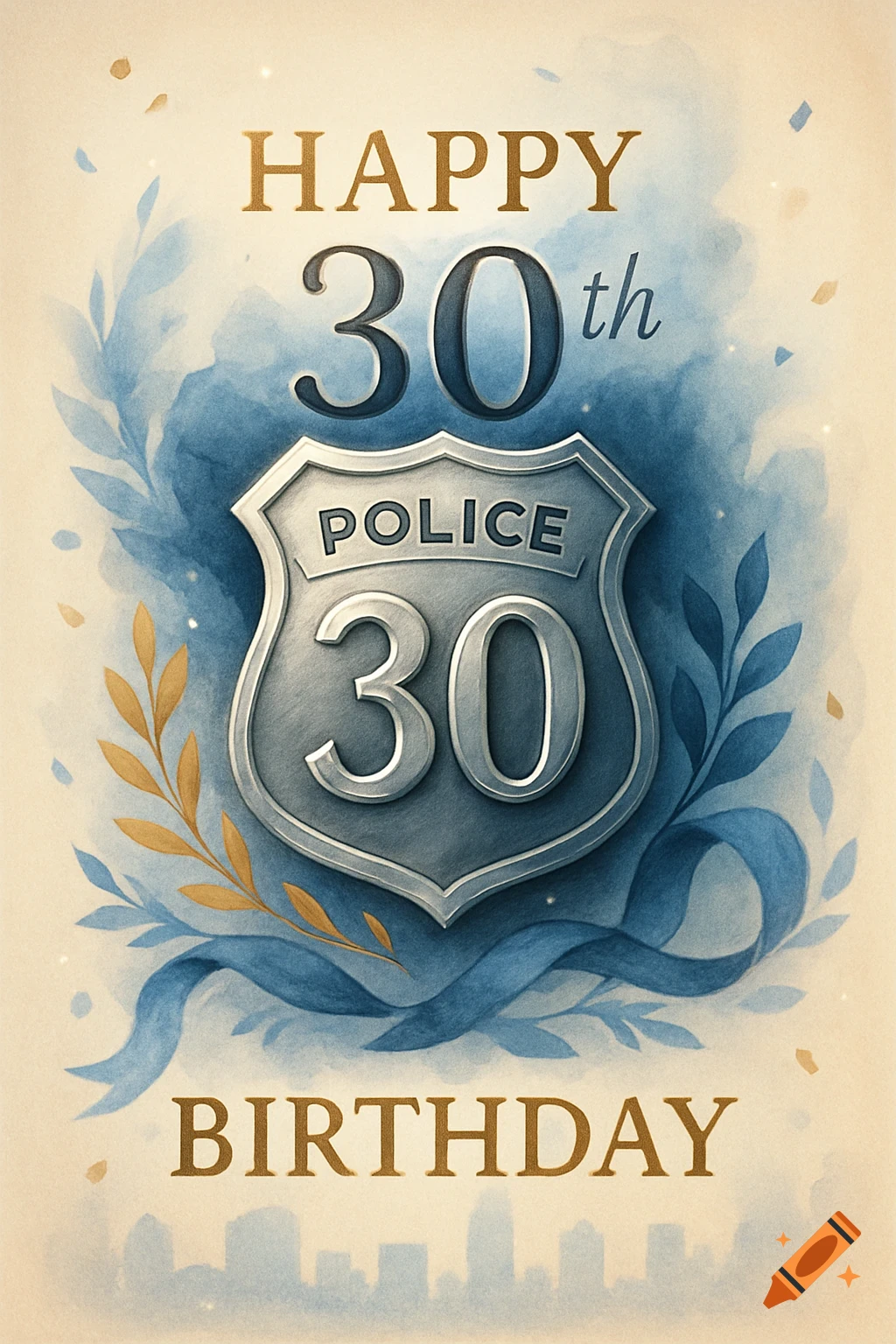 A watercolor greeting card with a silver police badge displaying 'POLICE' and '30', surrounded by blue ribbons and leaves, with text "HAPPY 30th BIRTHDAY" and a subtle cityscape.
