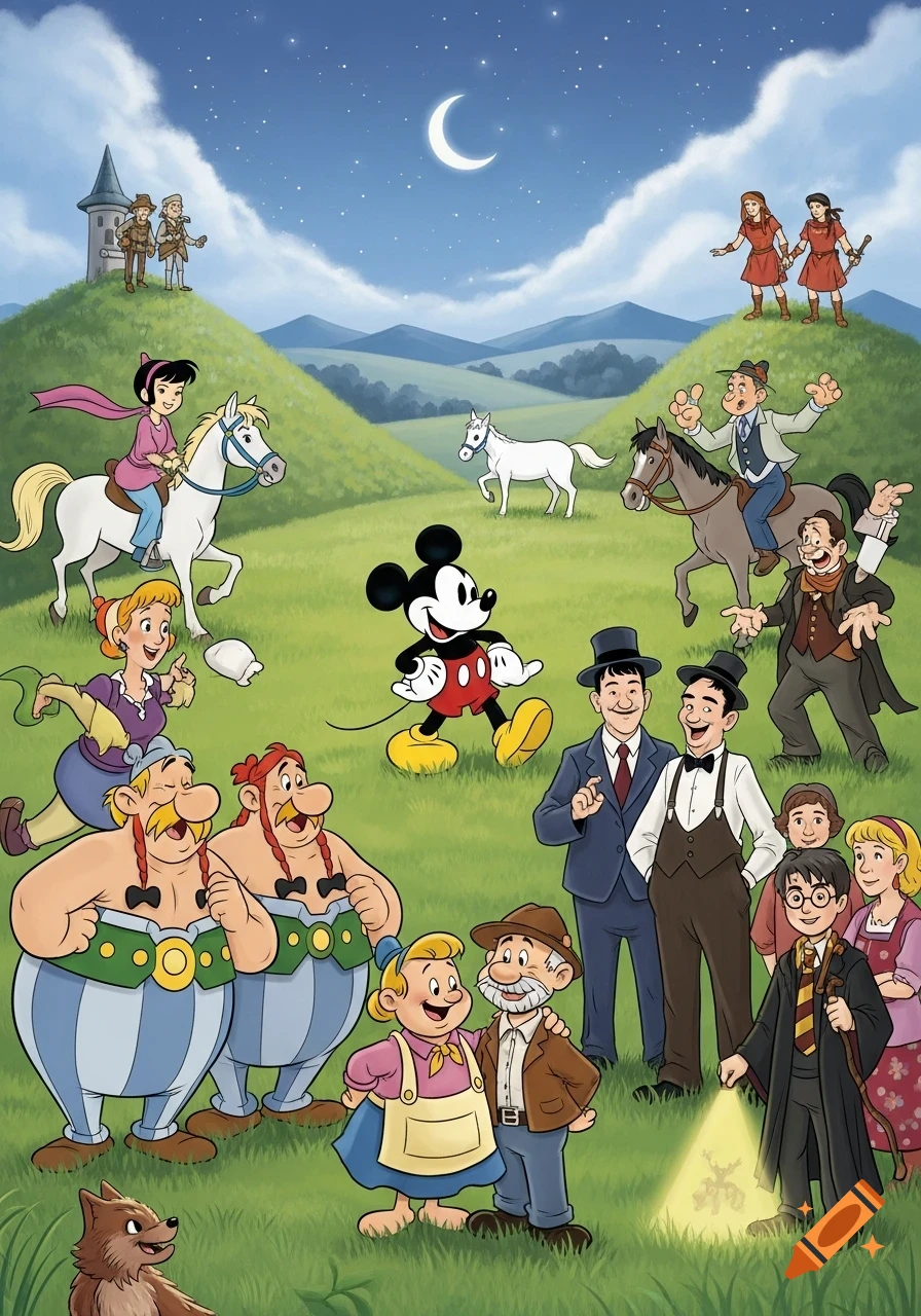 A colorful cartoon illustration depicting various iconic characters like Mickey Mouse, Asterix, Obelix, Harry Potter, and Laurel and Hardy in a green, rolling landscape under a crescent moon.