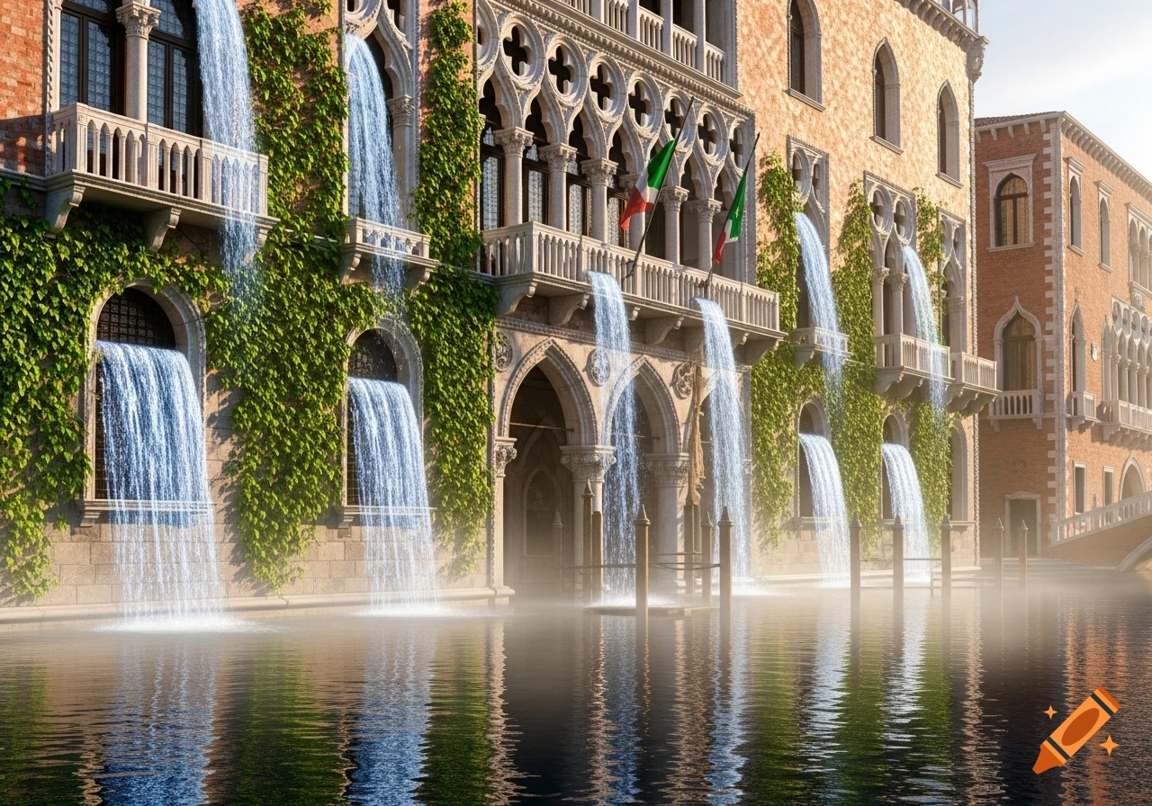 Photorealistic Venetian palace with ivy-covered walls and waterfalls flowing from its windows into a misty canal.
