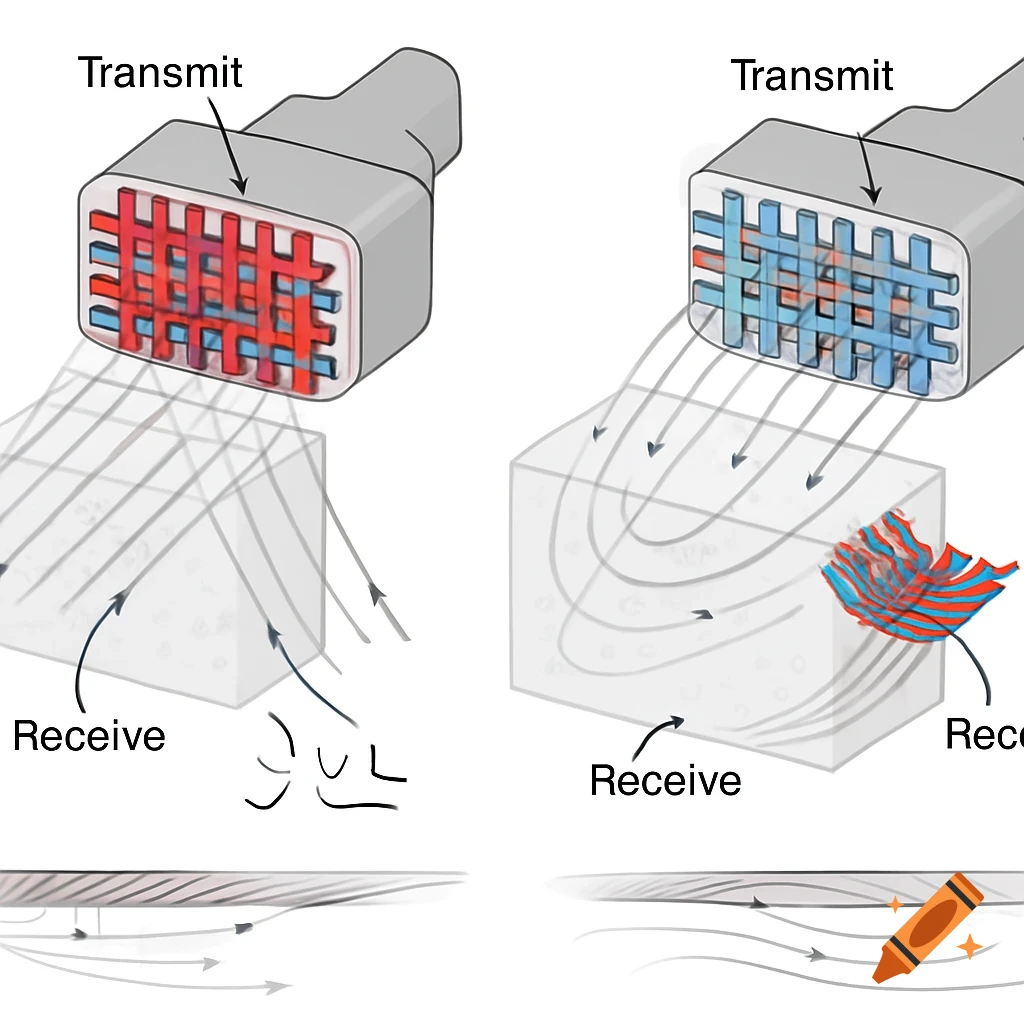 Scientific schematic of an ultrasonic array showing transmission and reception with red and blue elements.