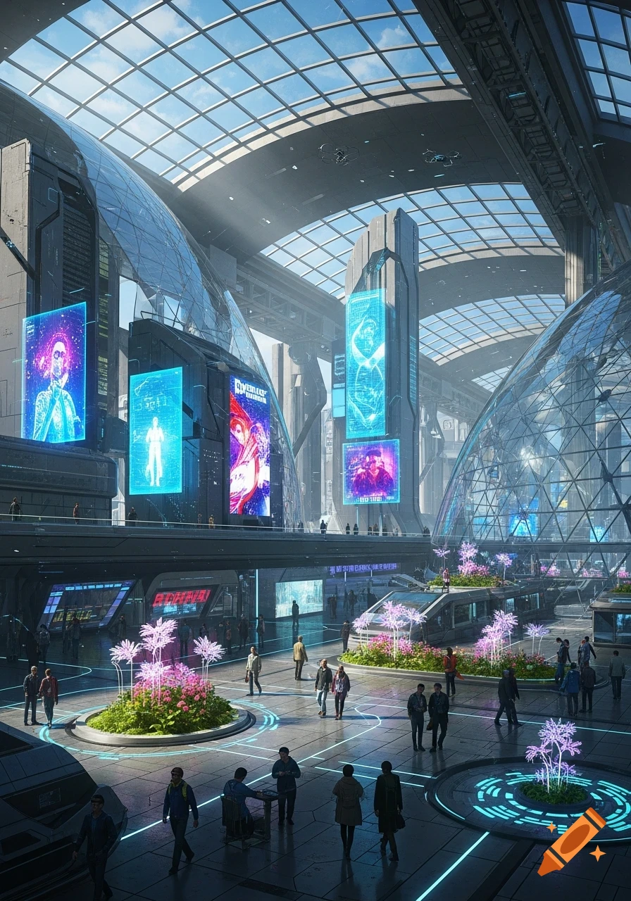 A bustling futuristic city interior under a glass dome, with towering buildings, glowing billboards, lush green plants, and people walking around in a photorealistic style.