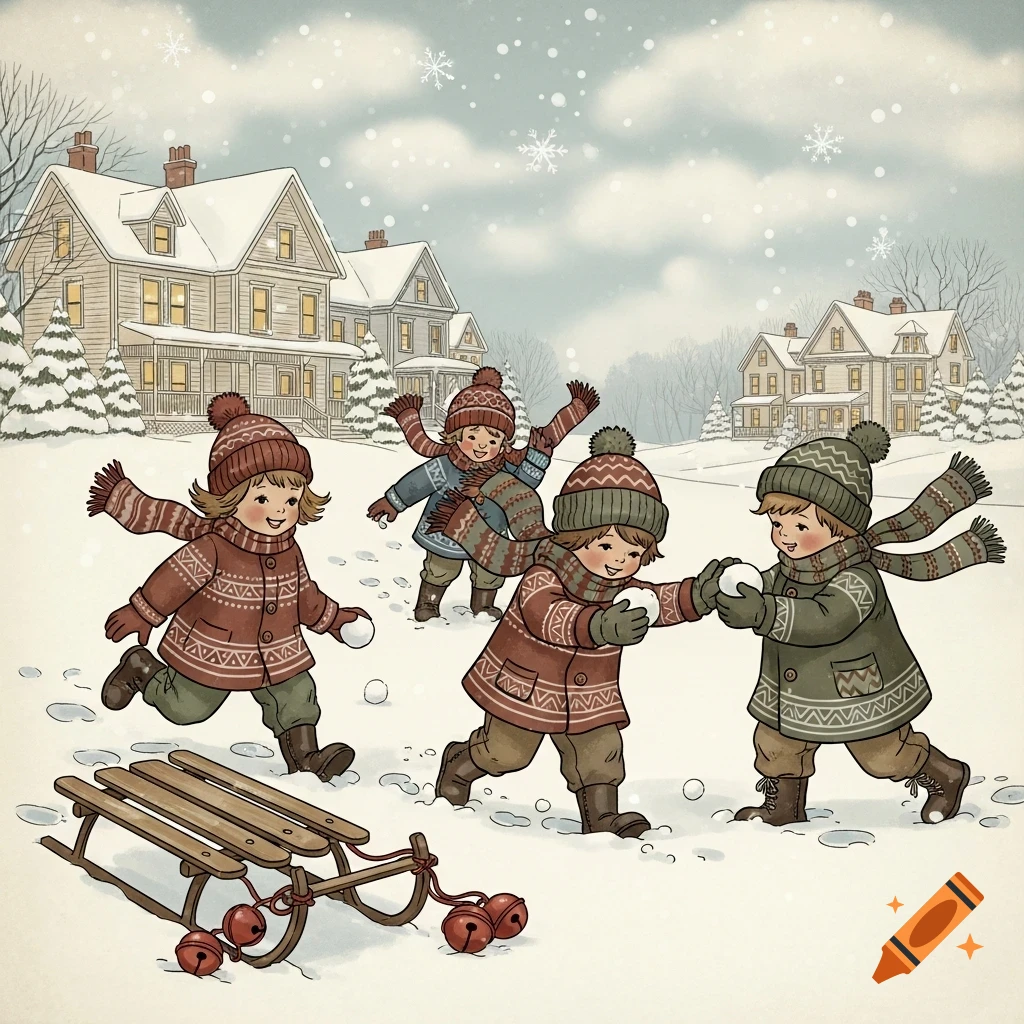 Vintage illustration of four children in winter clothes having a snowball fight and playing with a sled in a snowy village scene.