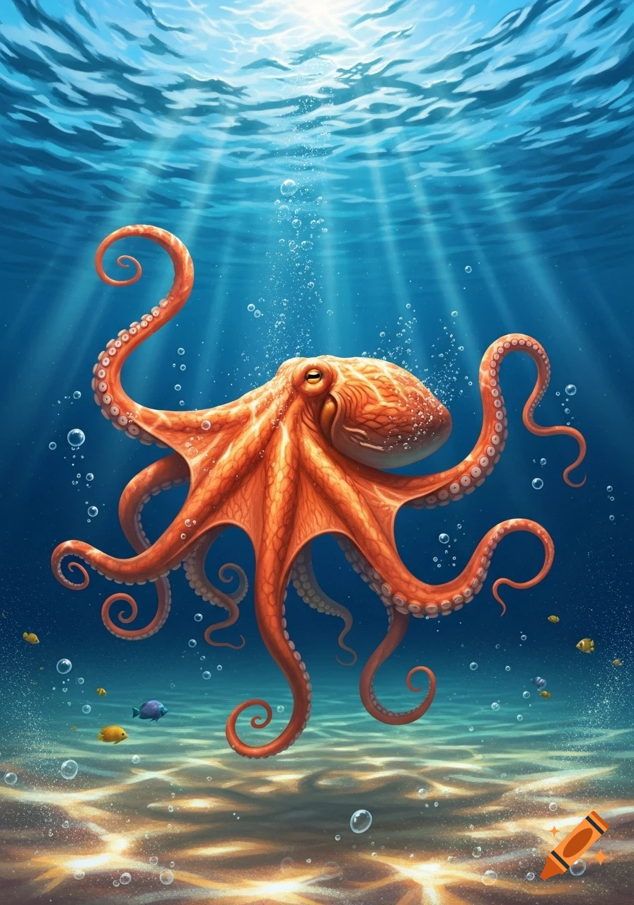A vibrant orange octopus floats gracefully underwater, illuminated by sunbeams from the surface, with small fish and bubbles around it.