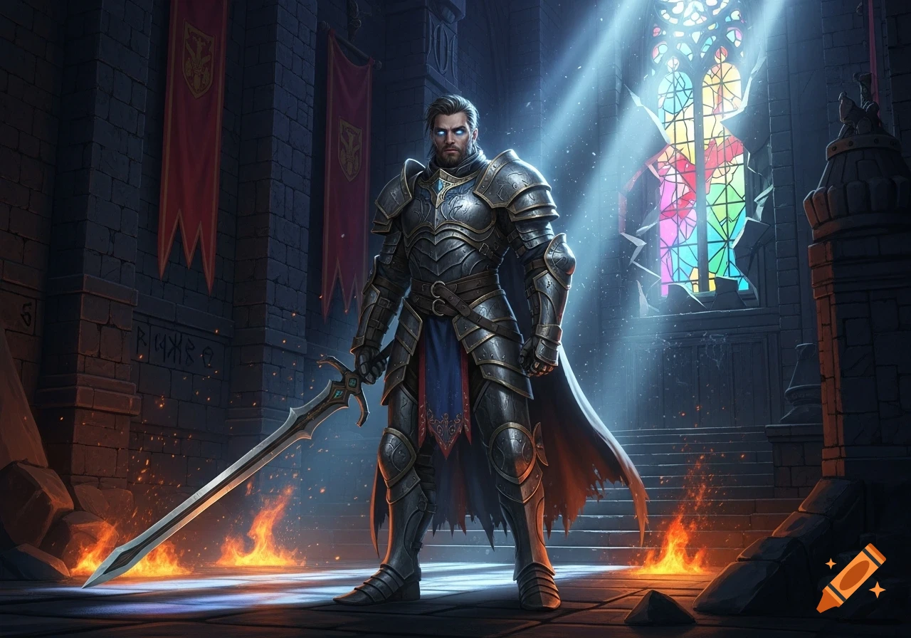 A heavily armored knight stands in a dark, ruined hall, holding a long sword, illuminated by bright rays of light streaming through a broken, colorful stained glass window. Fires burn on the stone floor around him.