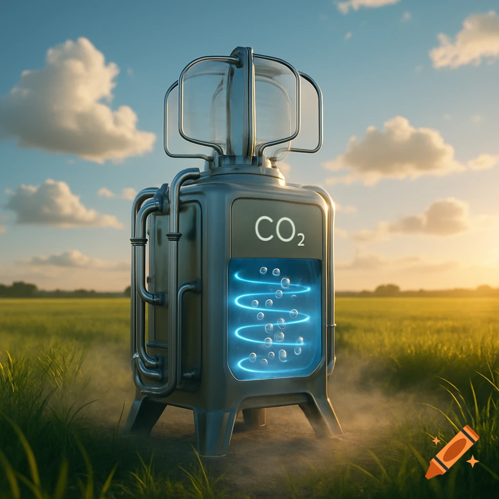 A futuristic CO2 extraction machine stands in a sunlit green field under a blue sky with clouds.