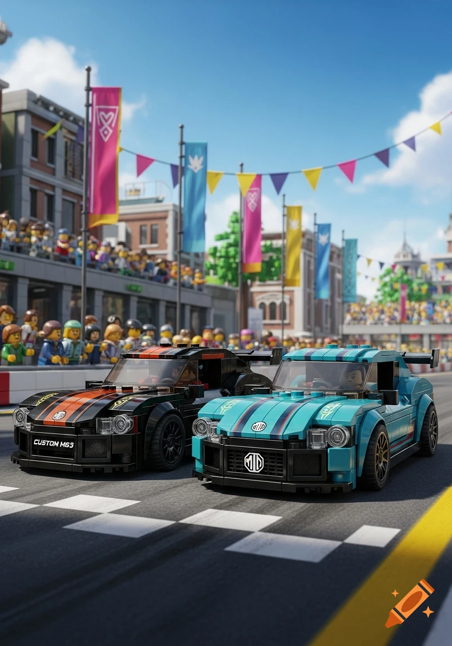 Two Lego race cars, one black and orange, one teal with dark stripes, sit at the start line of a race track. Spectators, banners, and buildings are in the background.