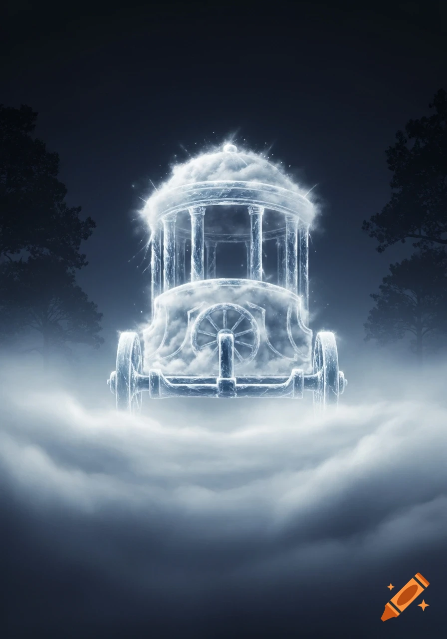 A glowing, ethereal Roman chariot made of clouds and ice emerges from dense fog in a dark, moonlit landscape with silhouetted trees.