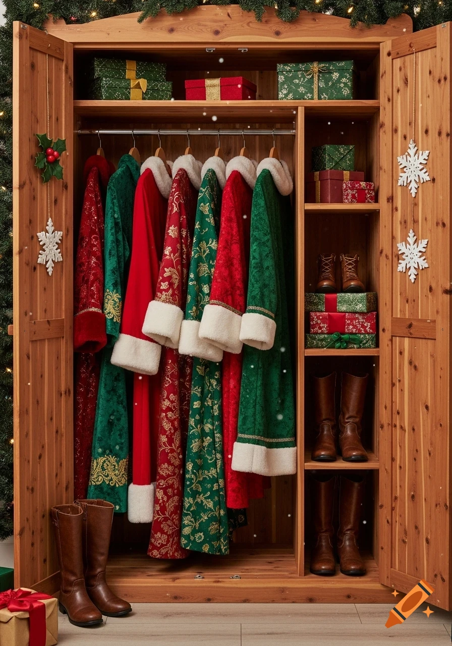 A wooden wardrobe filled with red and green Santa coats, brown boots, and wrapped gifts, decorated with holly and snowflakes.