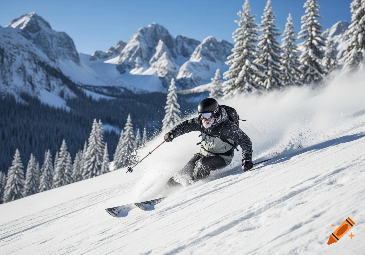 A skier wearing a black helmet and goggles, with a frosted beard, descends a snowy mountain slope, kicking up powder. Snow-covered fir trees and peaks are in the background.