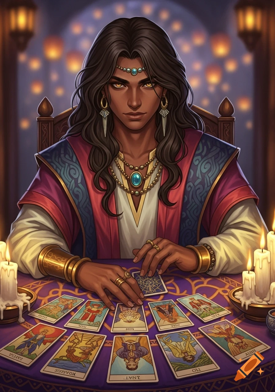 A dark-skinned male fortune teller with long dark hair and gold eyes sits at a table with tarot cards and candles.