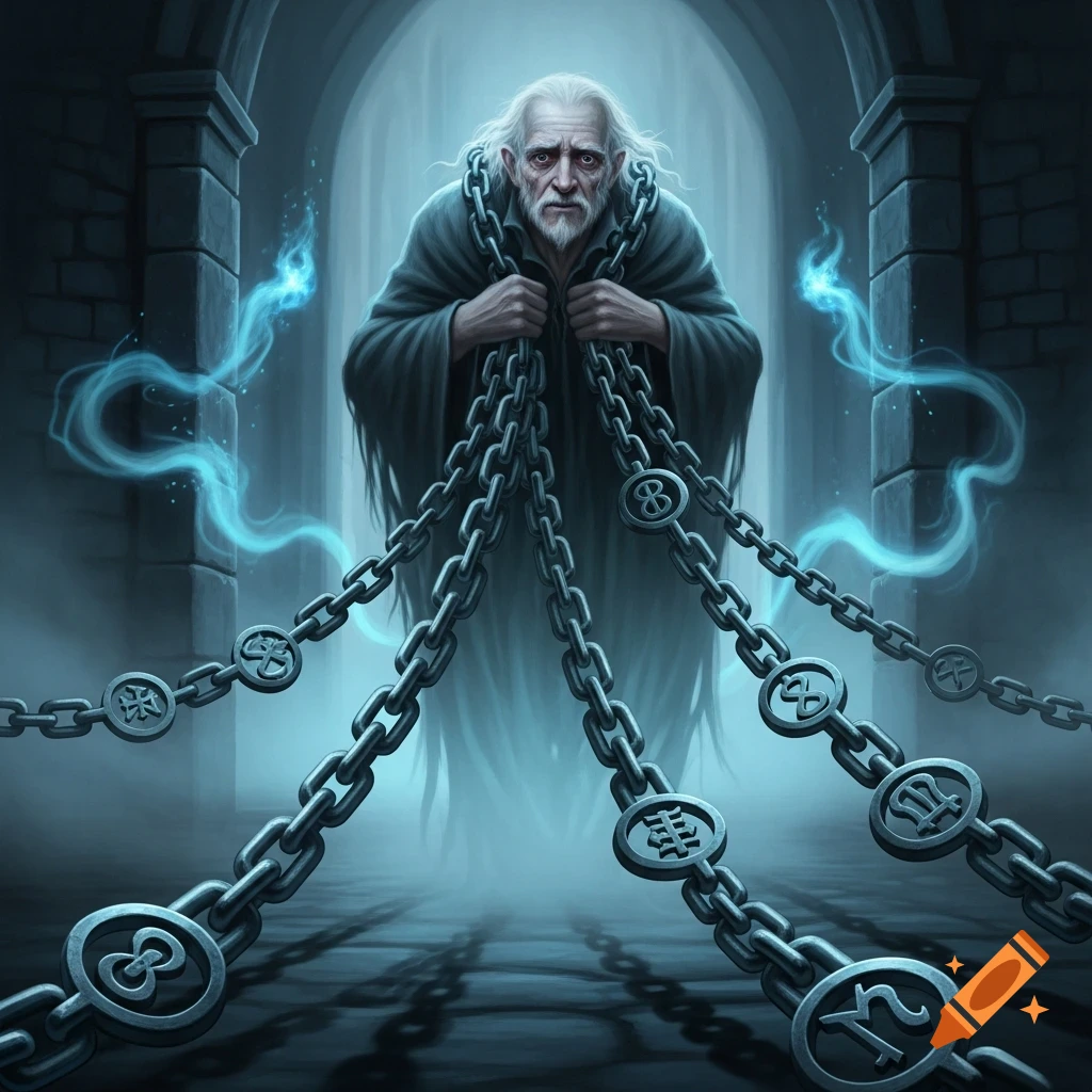 A spectral old man with long white hair and a beard, draped in heavy chains with mystical symbols, stands in a dark, misty archway with blue glowing wisps.