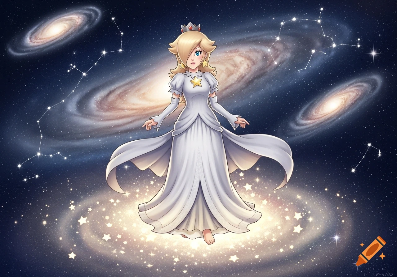 Rosalina from Super Mario, a blonde woman in a white dress, stands barefoot amidst a cosmic background of swirling galaxies and constellations.