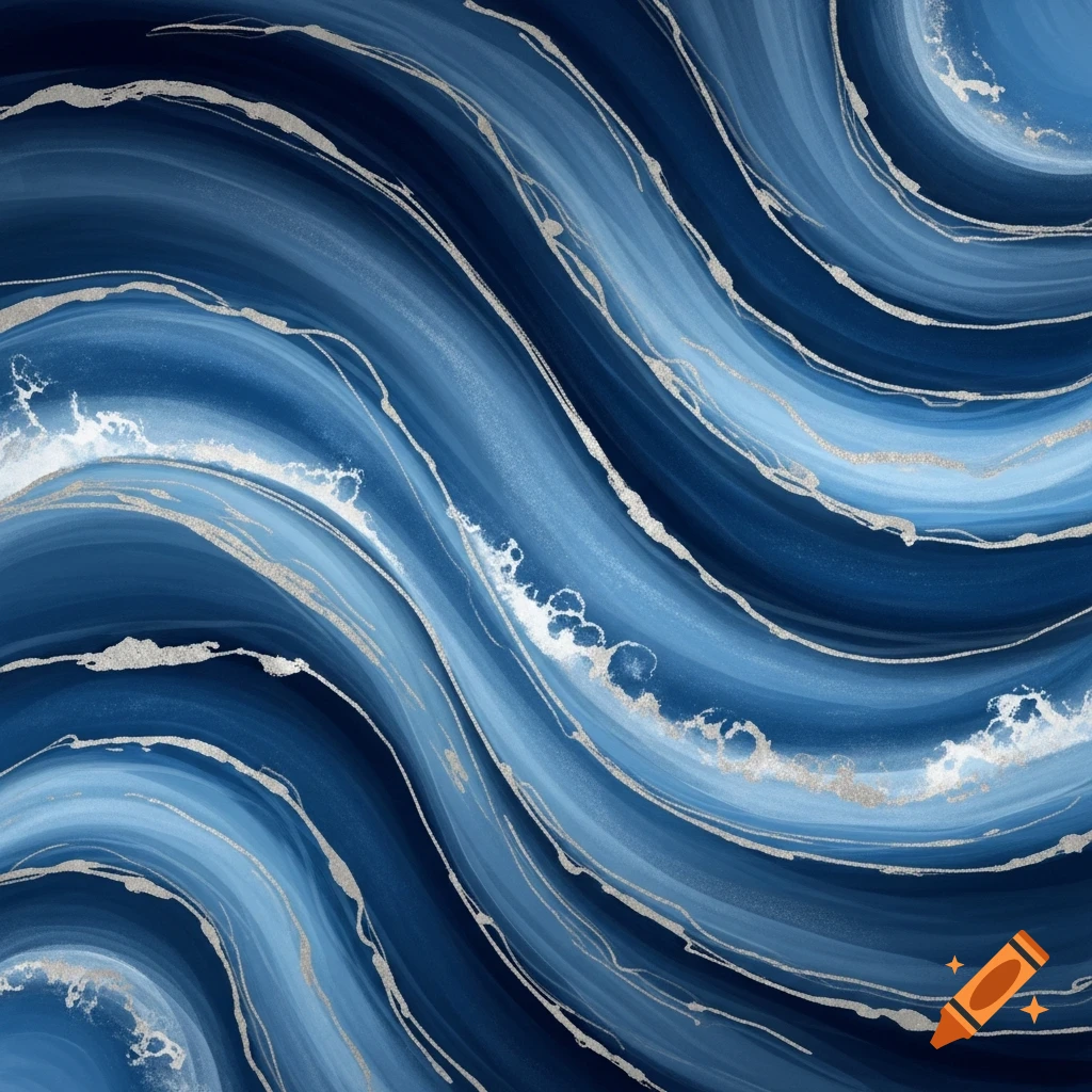 Abstract painting with swirling shades of blue, accented by wavy silver and white lines, resembling liquid or stone.
