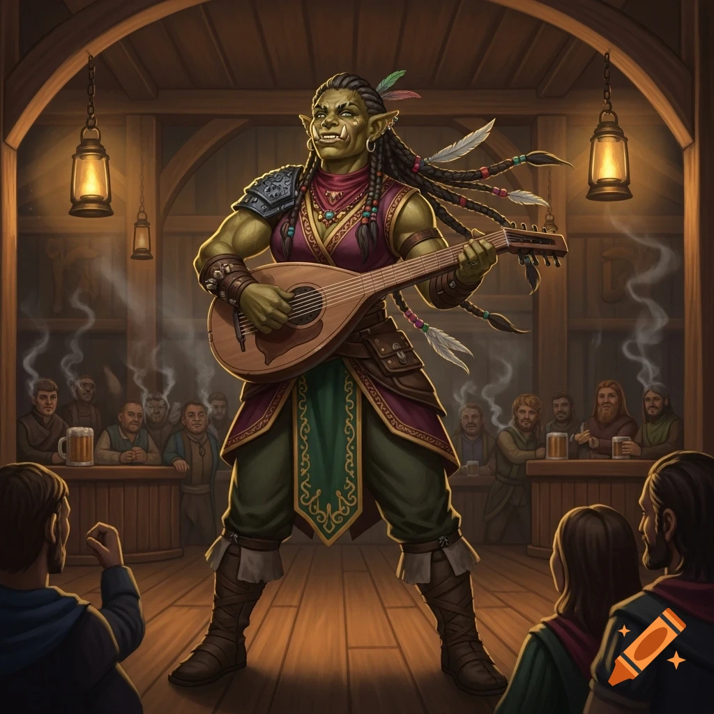 A green-skinned half-orc female bard with braids and feathers plays a lute in a warmly lit tavern for an audience.