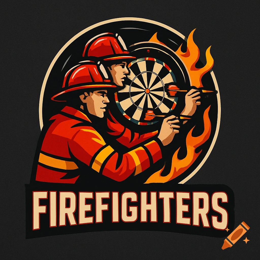 Logo of two firefighters throwing darts at a dartboard, surrounded by flames, with the text FIREFIGHTERS below.
