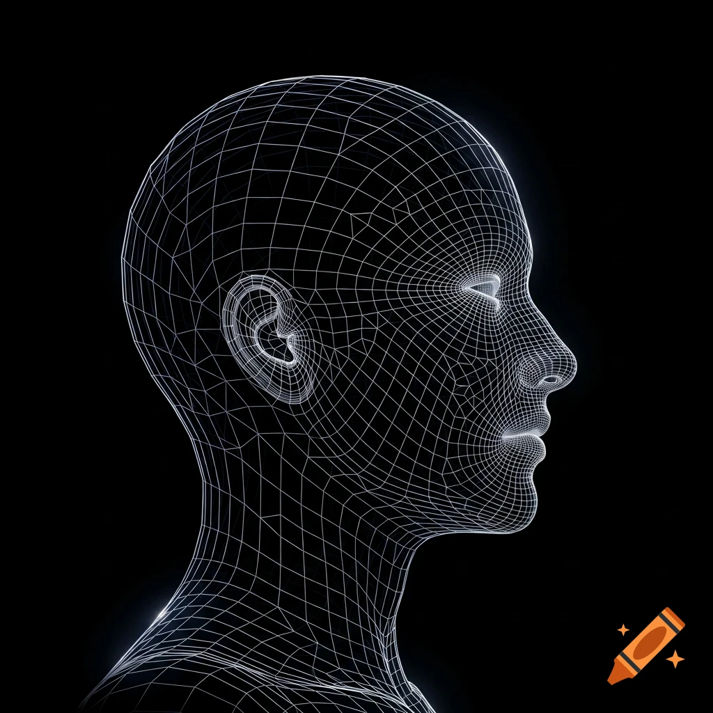 A detailed 3D wireframe rendering of a human head in profile against a dark background.
