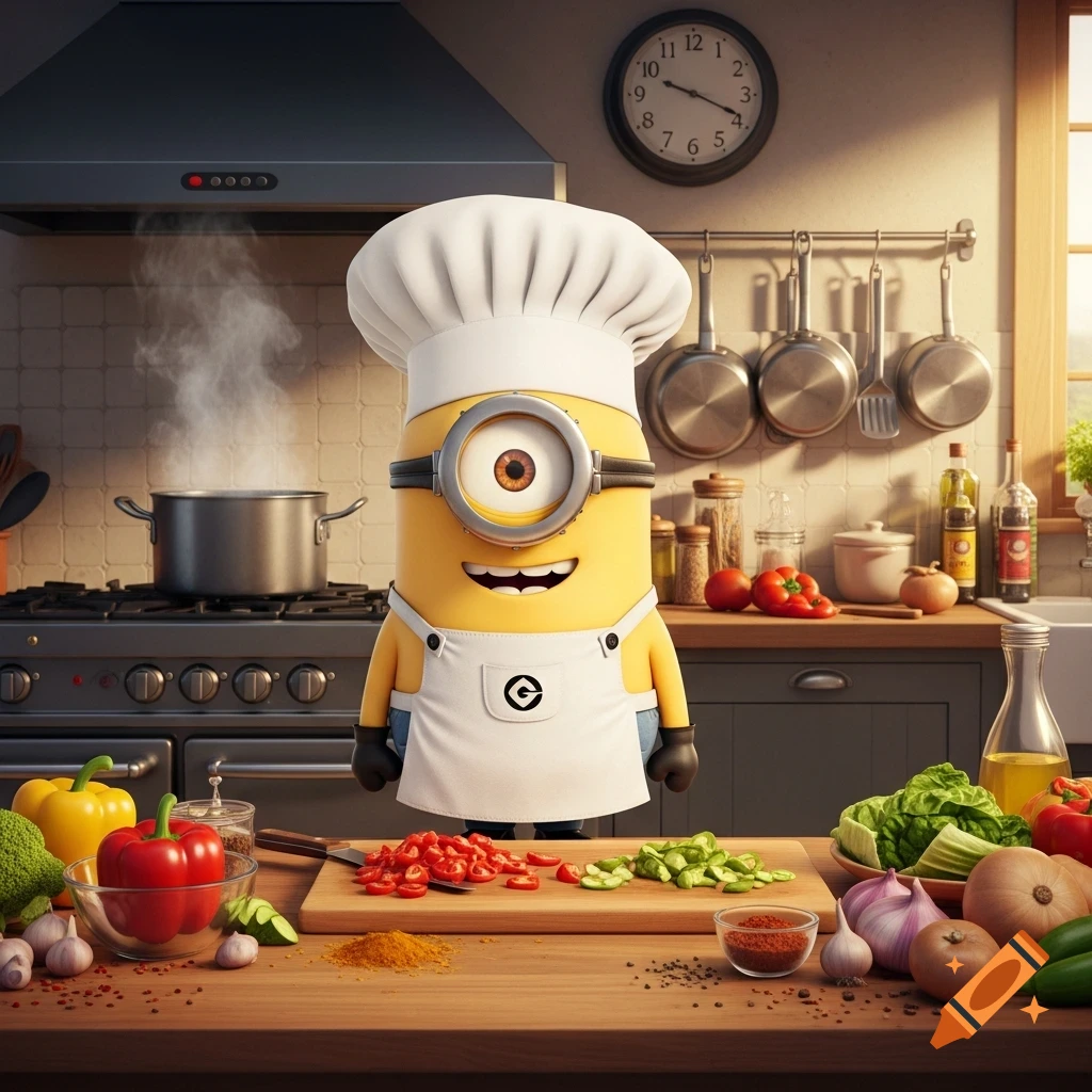 A Minion dressed as a chef stands in a detailed kitchen, surrounded by chopped vegetables and cooking pots.