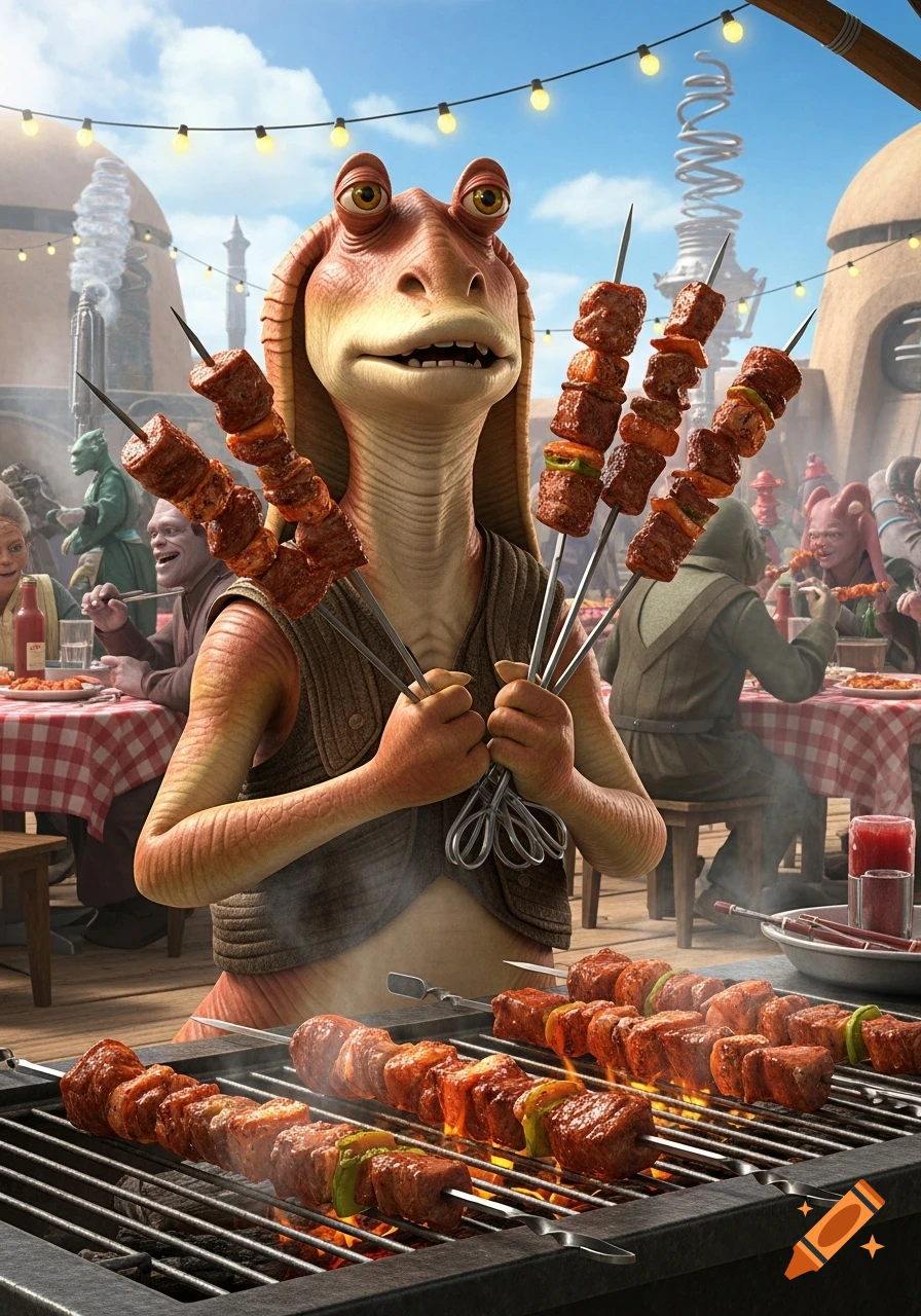 Photorealistic Jar Jar Binks at an alien BBQ, happily holding meat skewers over a grill while other aliens dine.