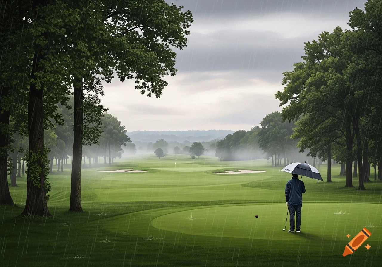 A lone golfer stands with an umbrella on a lush green golf course, with trees and mist in the background, as rain falls.