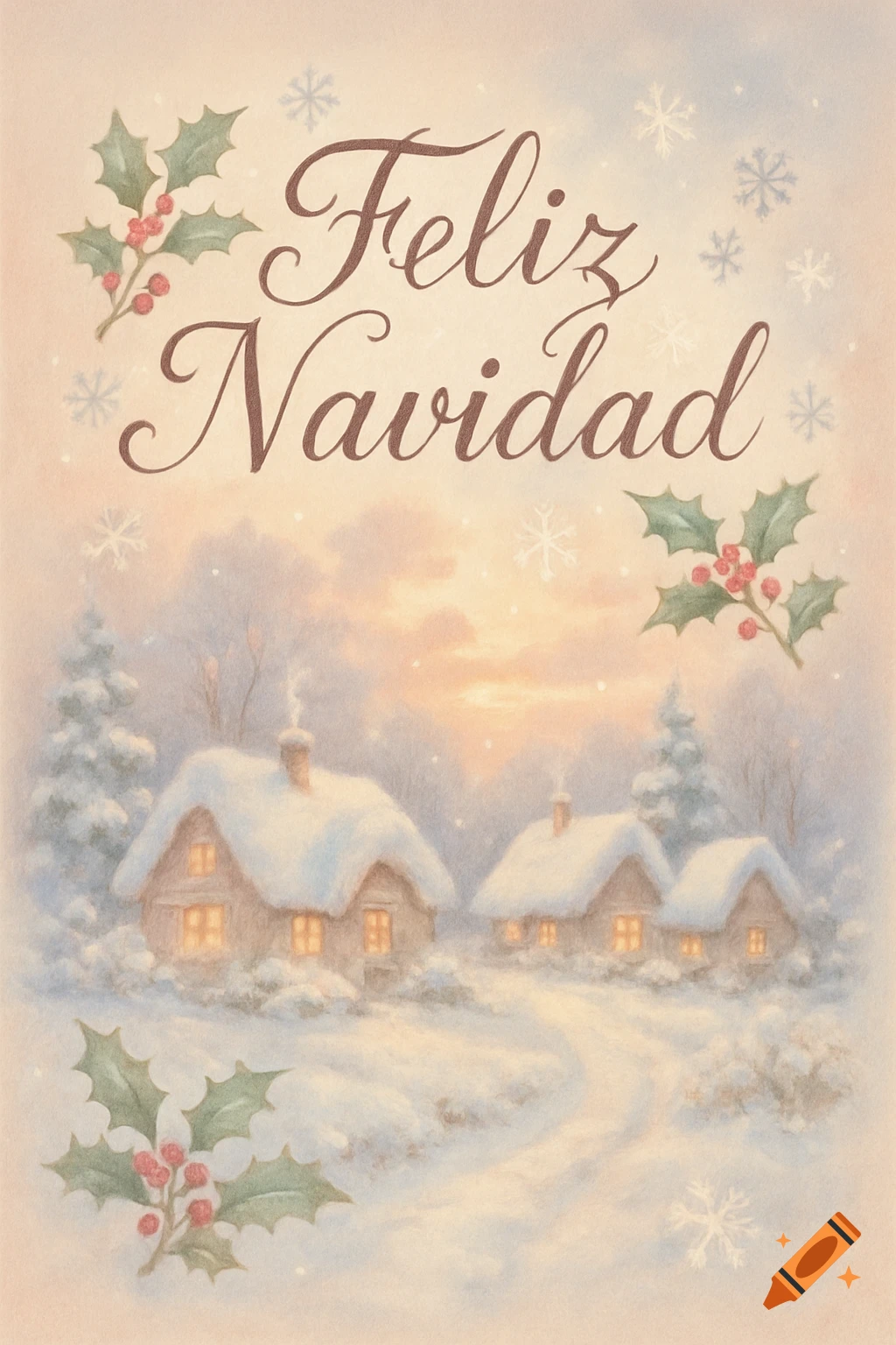 Soft watercolor illustration of a snowy village with cozy cottages, evergreen trees, holly, and 'Feliz Navidad' text.