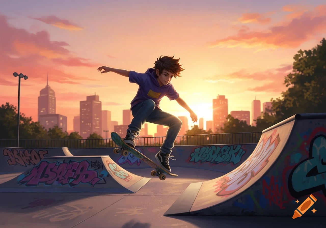 A cartoon boy on a skateboard jumps in a vibrant skate park at sunset with a city skyline.
