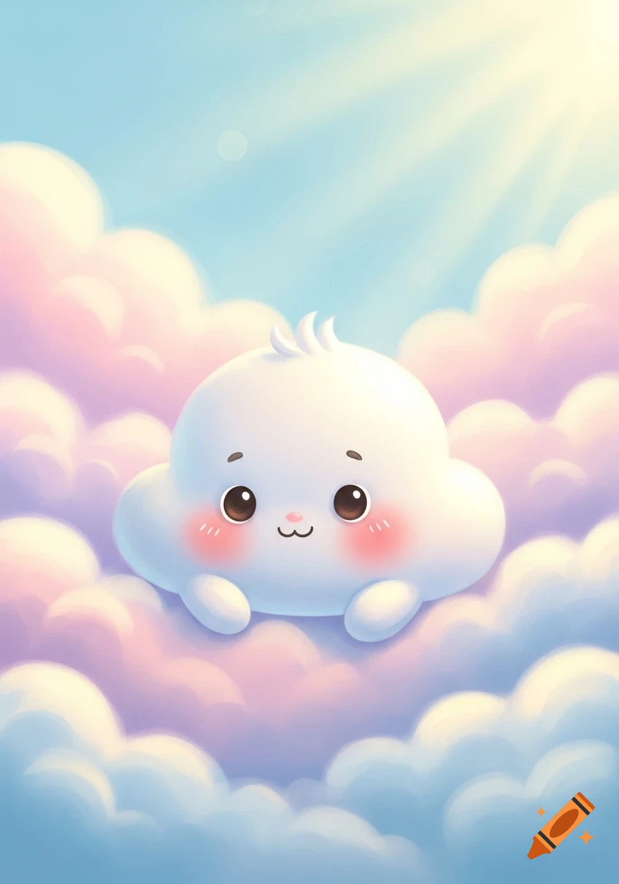 A cute baby cloud with blush cheeks floats among soft pink and blue pastel clouds with sun rays beaming down.