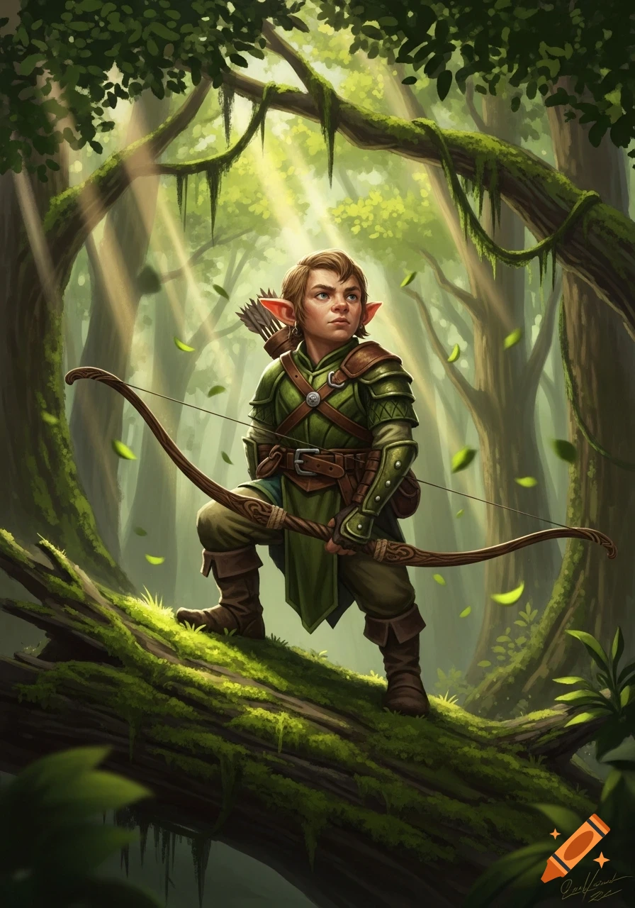 A young halfling scout with pointed ears crouches on a mossy log, holding a bow, in a sunlit fantasy forest.