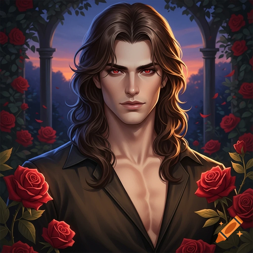 A handsome man with long brown hair and glowing red eyes, wearing an open dark shirt, surrounded by red roses in a gothic garden at sunset.