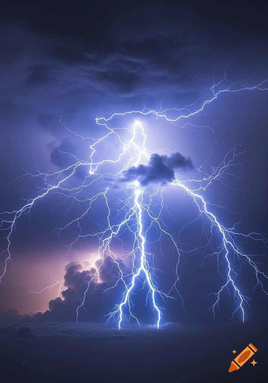 A dramatic display of bright lightning bolts illuminating dark, stormy clouds.