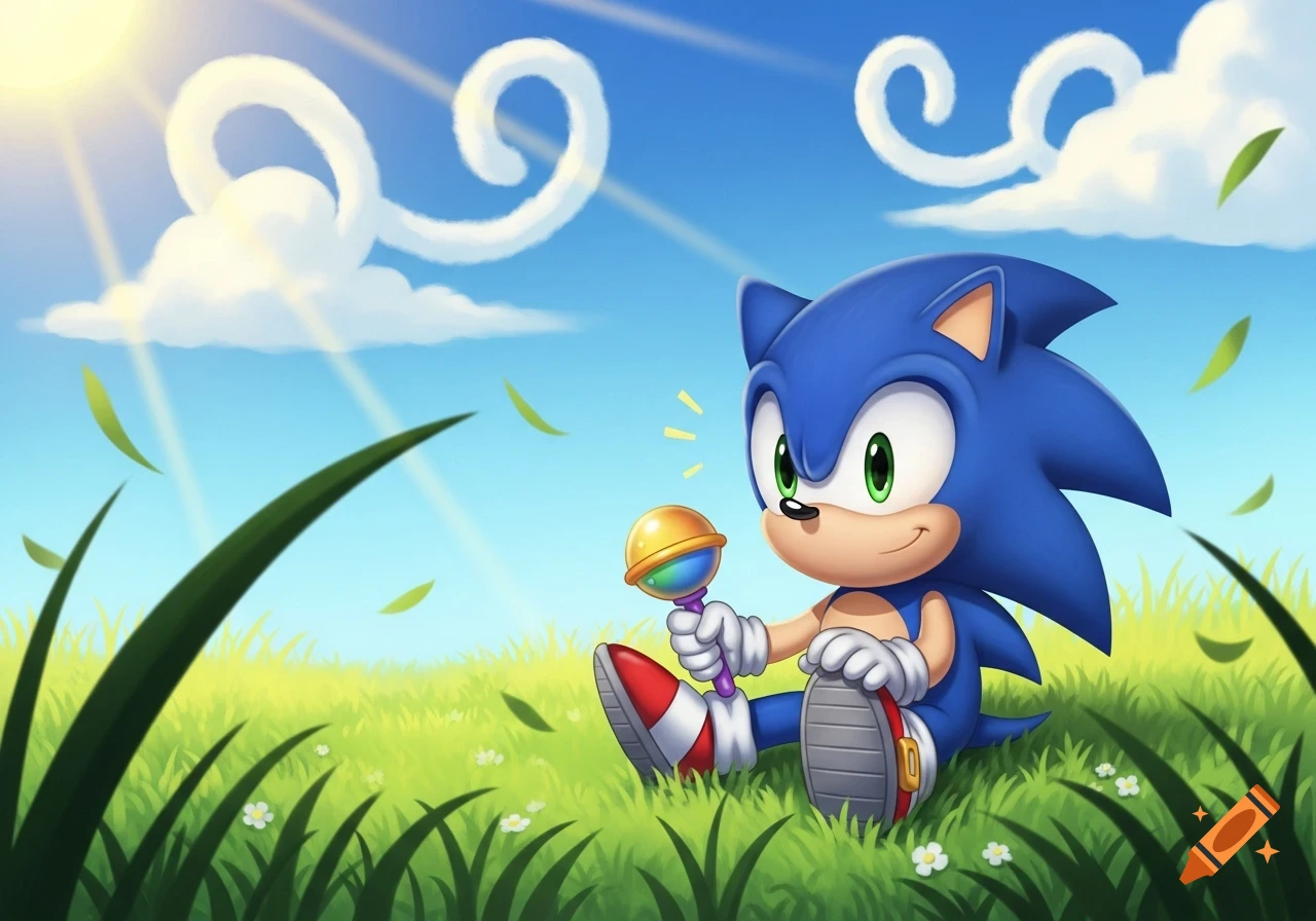 Baby Sonic the Hedgehog sits in a sunny green field, holding a rattle, under a blue sky with swirly clouds. Cartoon style.