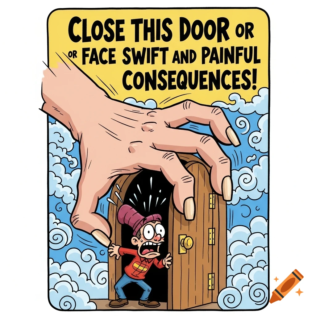 Humorous cartoon warning sign with a giant hand closing a door on a scared person, text: 'Close this door or face swift and painful consequences!'