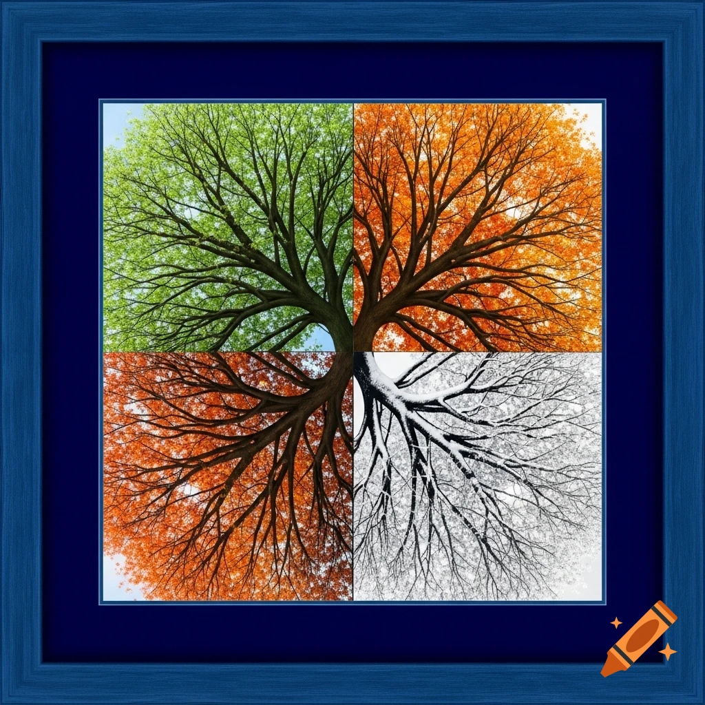 A tree depicted in four quadrants, showcasing spring green, autumn orange, and winter snow-covered branches, within a dark blue frame.