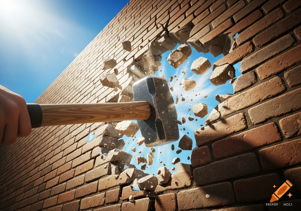 A hand vigorously swings a sledgehammer, smashing a large hole through a brick wall, with debris flying and a bright blue sky visible behind it.