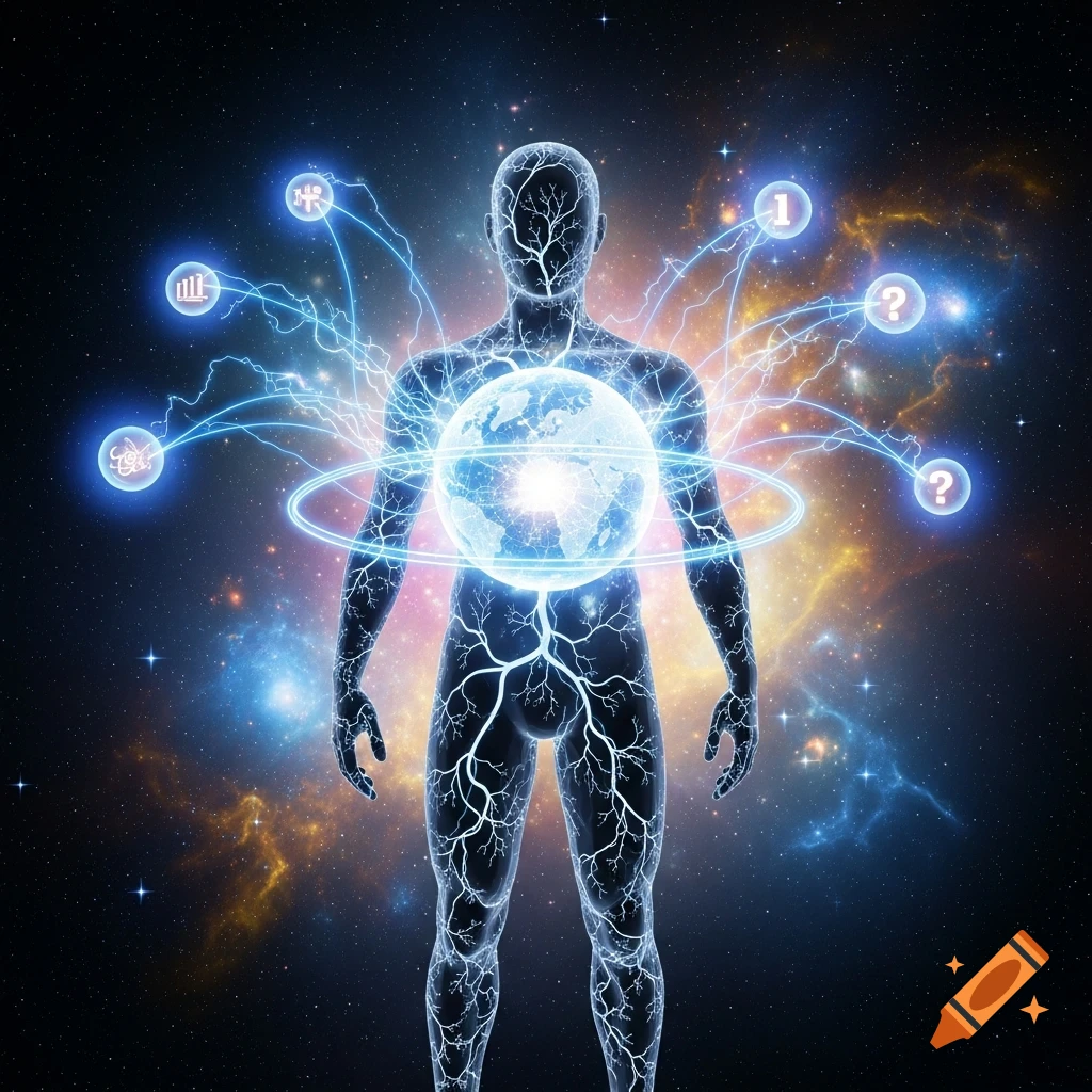 An ethereal human silhouette with glowing veins stands in space, connected by blue lightning to various luminous orbs representing data, questions, and ideas, surrounding a glowing earth in its chest.