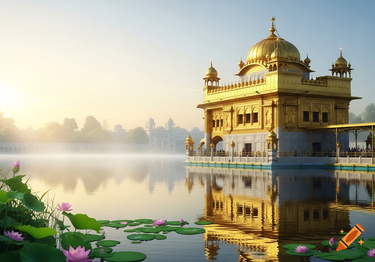 Photorealistic image of a golden domed temple reflecting on misty water with pink lotus flowers in the foreground.