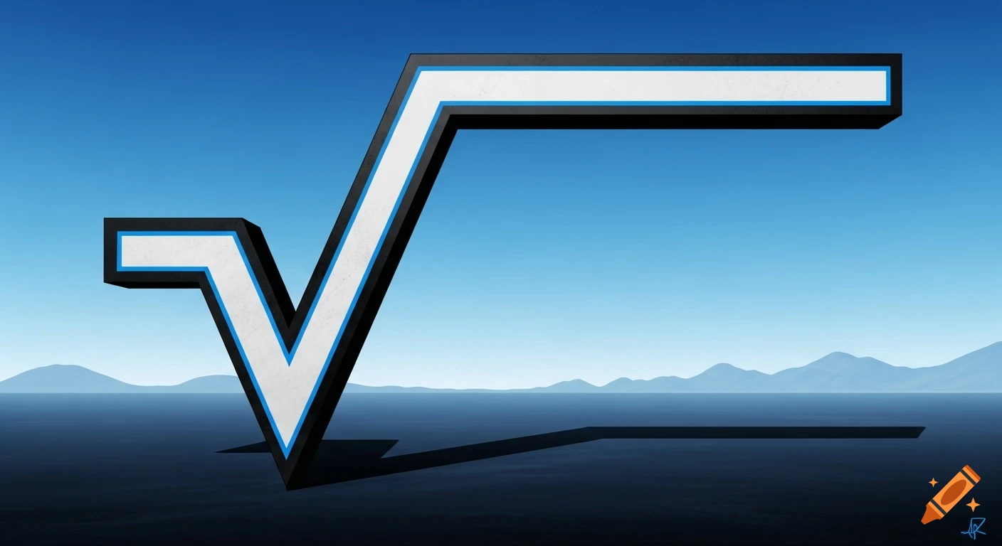 A large 3D black, white, and blue square root symbol floats over dark water with distant mountains under a blue sky.