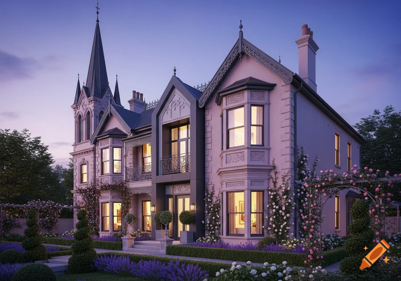 A grand Victorian-style house with a prominent steeple, set amidst a meticulously landscaped garden with lavender and pink roses at dusk.