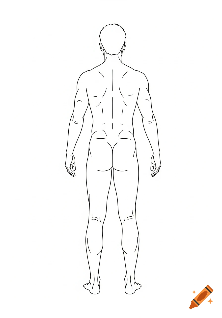 Minimalist black line drawing of a nude man's back on a white background, in a neutral standing pose.