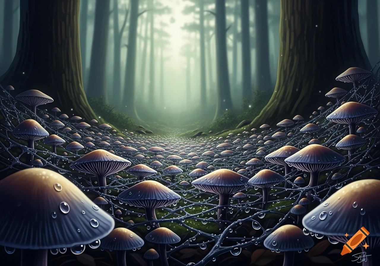 Misty fantasy forest with a path lined by glowing mushrooms and dewdrops, connected by an ethereal network.