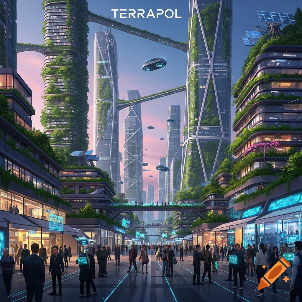A bustling, futuristic city with towering green skyscrapers, flying vehicles, and sky bridges over a street filled with people, with "TERRAPOL" text above.