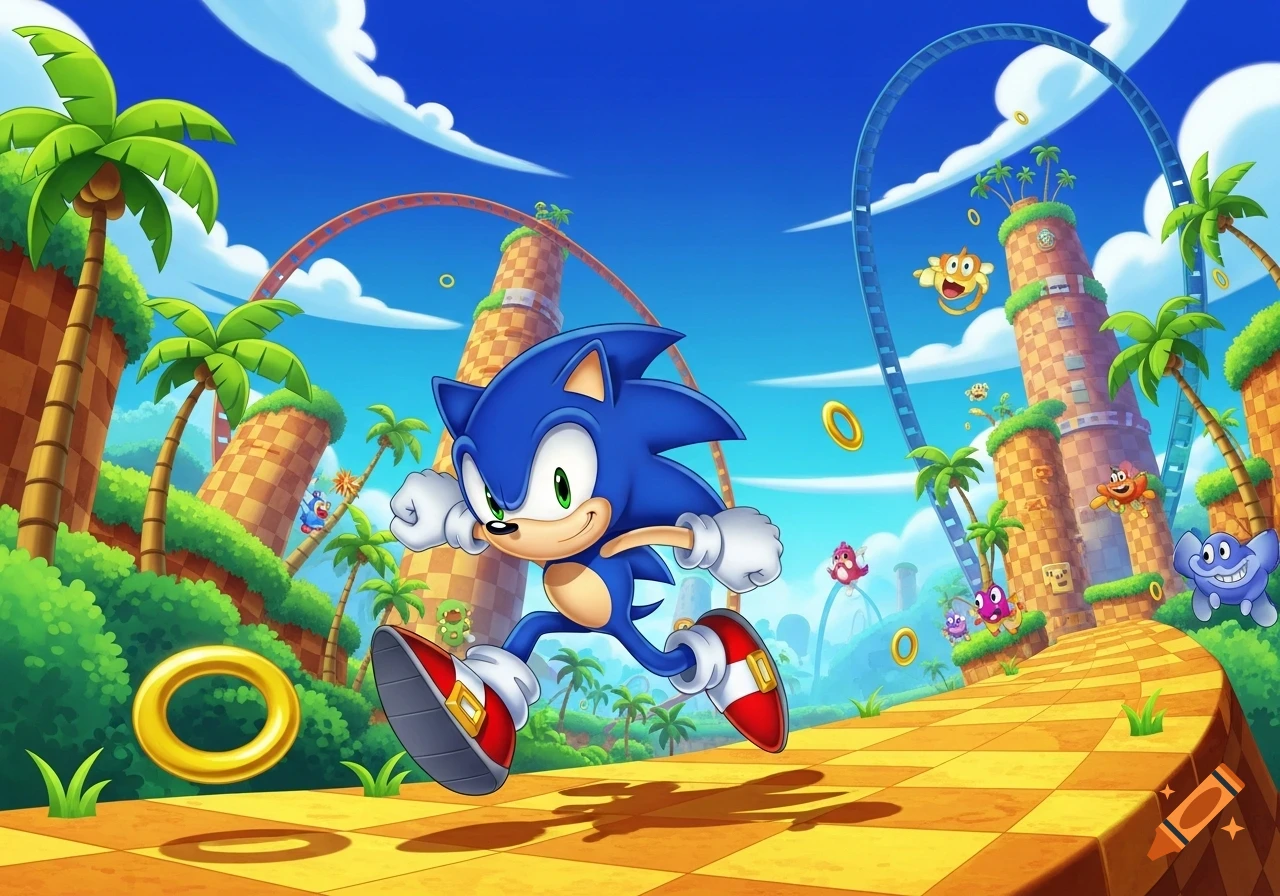 Sonic the Hedgehog runs on a checkered path in a vibrant Green Hill Zone-like landscape with palm trees and loop-de-loops.