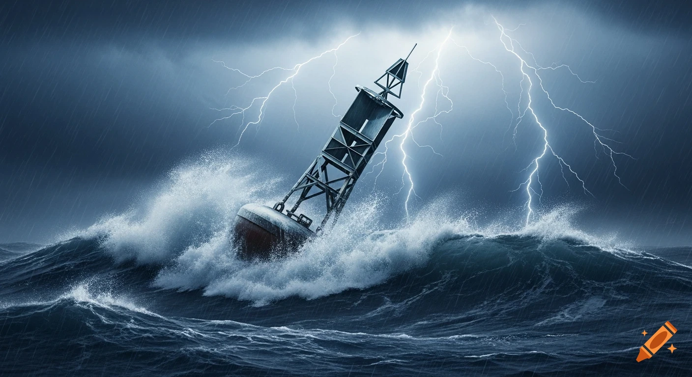 A lone marine buoy tossed by huge waves in a fierce lightning storm with heavy rain.