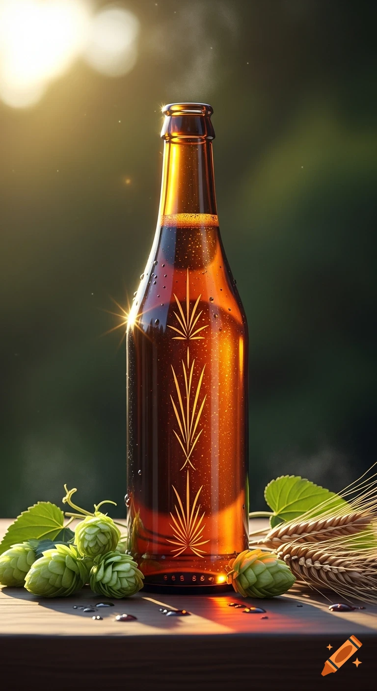 Photorealistic close-up of a beer bottle with water droplets and decorative patterns, surrounded by hops and wheat, on a wooden table.